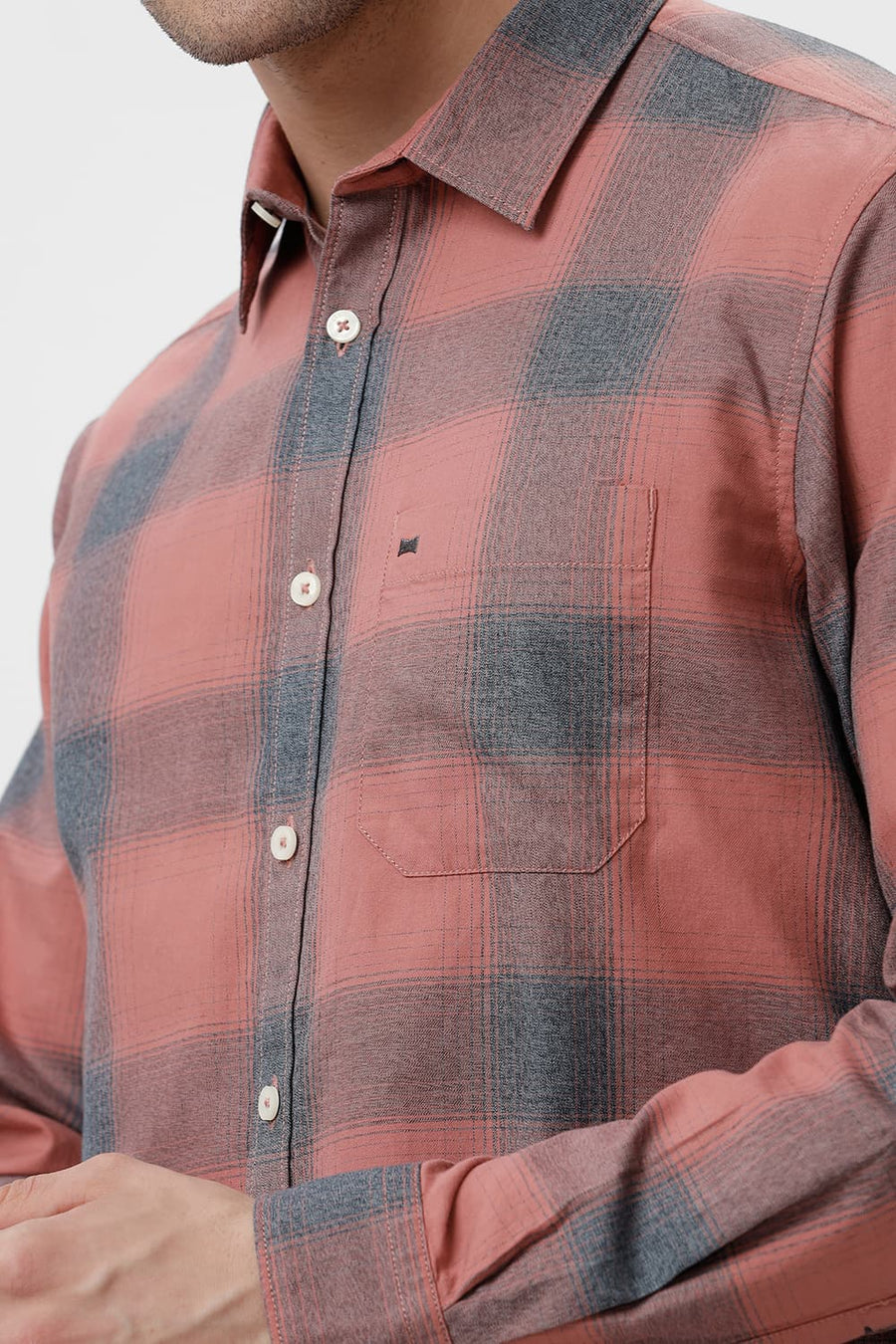 BASICS SLIM FIT BRICK DUST COTTON GRINDLE CHECKS SHIRT