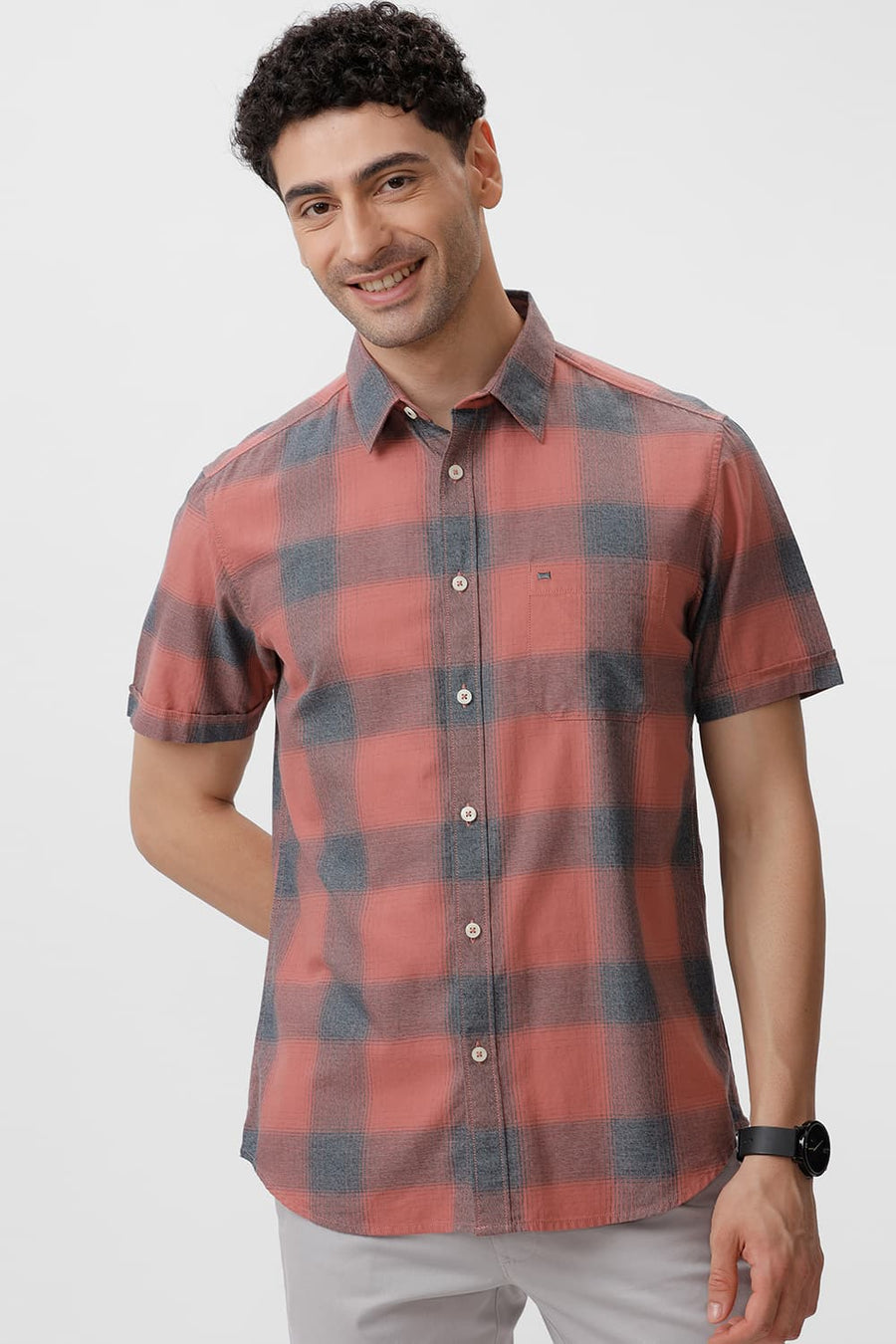 BASICS SLIM FIT BRICK DUST COTTON GRINDLE CHECKS HALFSLEEVES SHIRT