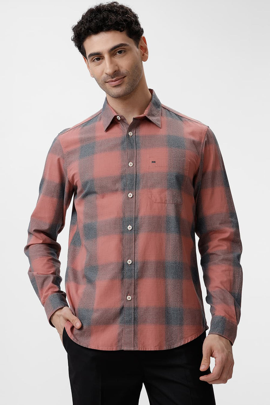 BASICS SLIM FIT BRICK DUST COTTON GRINDLE CHECKS SHIRT