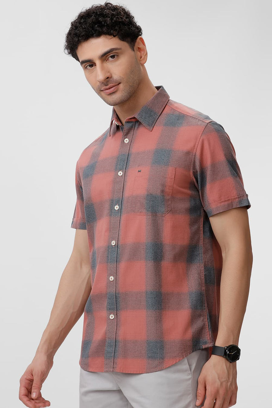 BASICS SLIM FIT BRICK DUST COTTON GRINDLE CHECKS HALFSLEEVES SHIRT