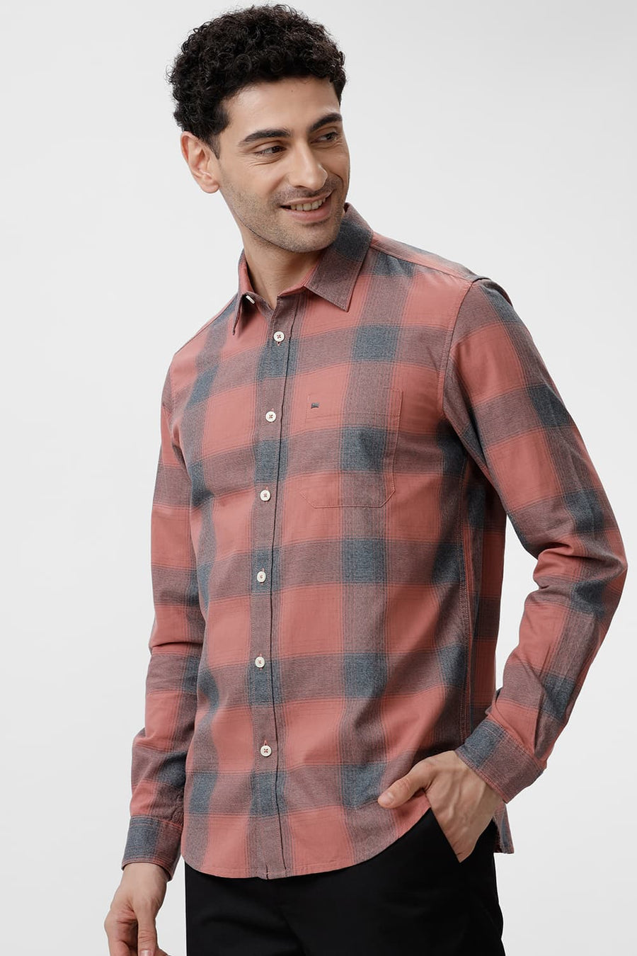 BASICS SLIM FIT BRICK DUST COTTON GRINDLE CHECKS SHIRT