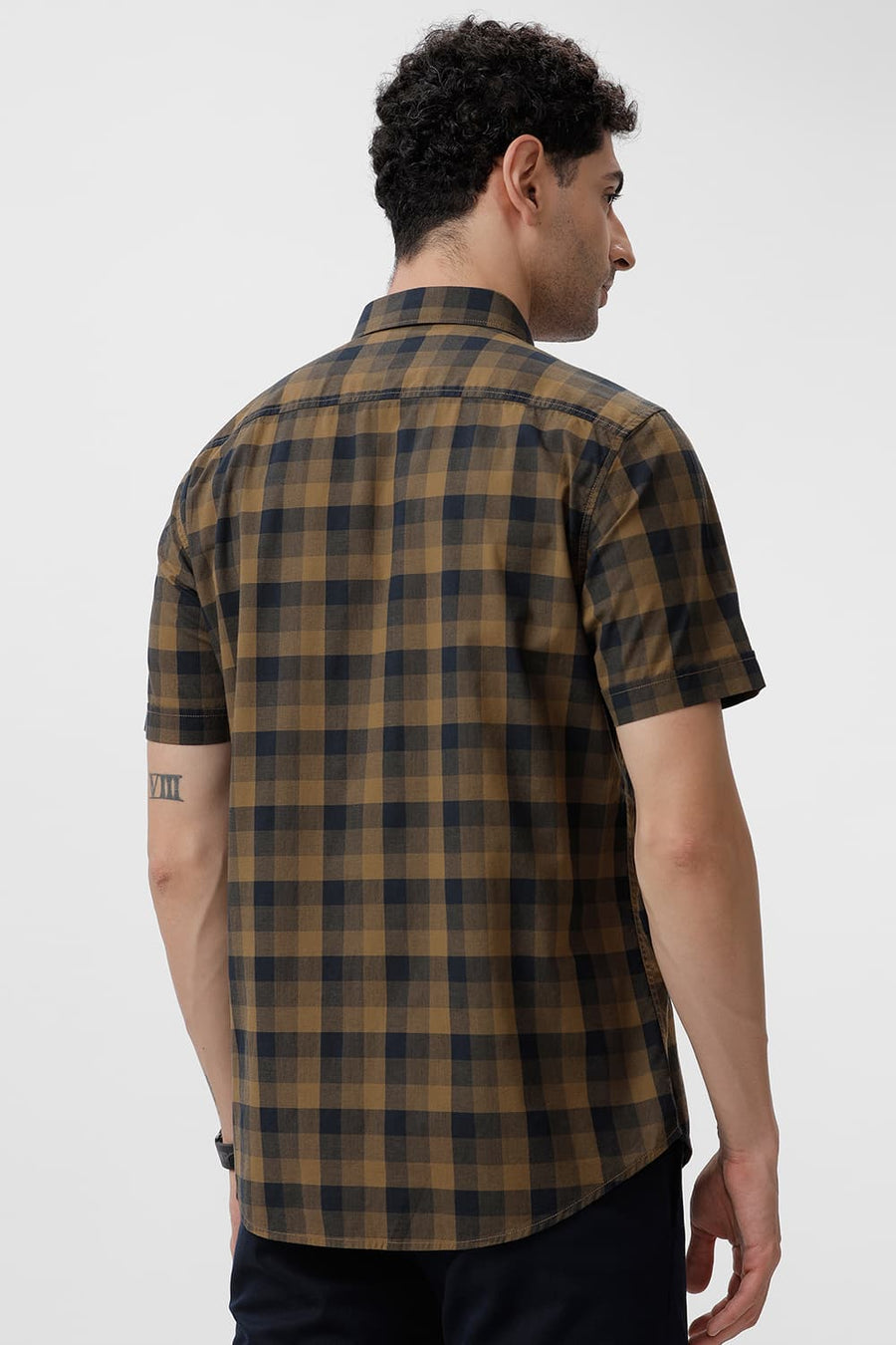 BASICS SLIM FIT BRONZE KHAKI COTTON CHECKS HALFSLEEVES SHIRT