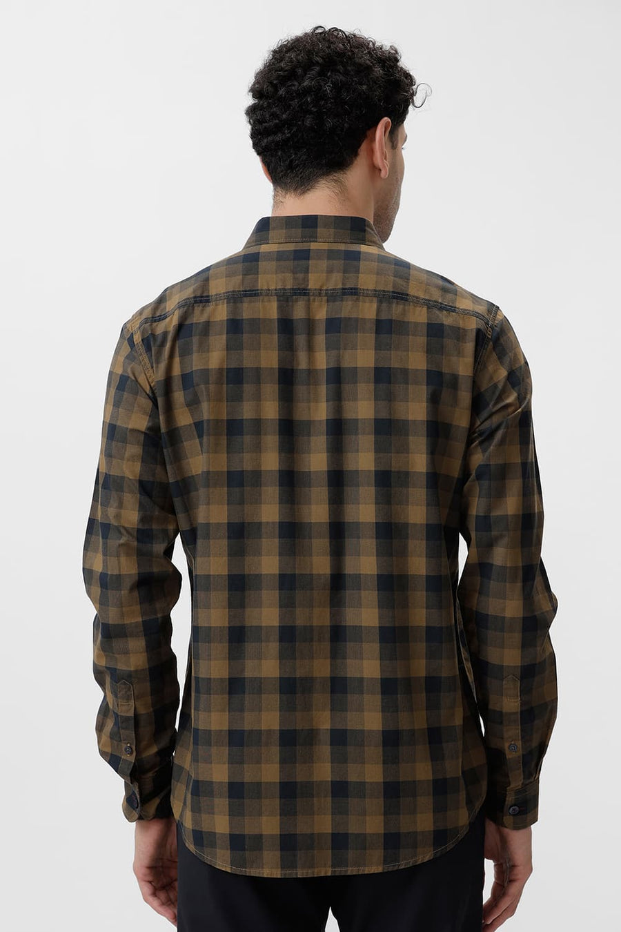 BASICS SLIM FIT BRONZE KHAKI COTTON CHECKS SHIRT
