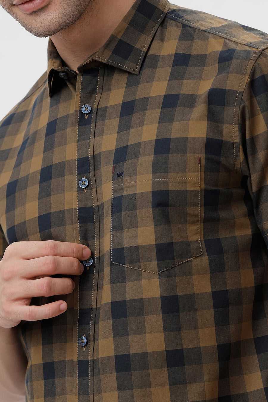 BASICS SLIM FIT BRONZE KHAKI COTTON CHECKS HALFSLEEVES SHIRT