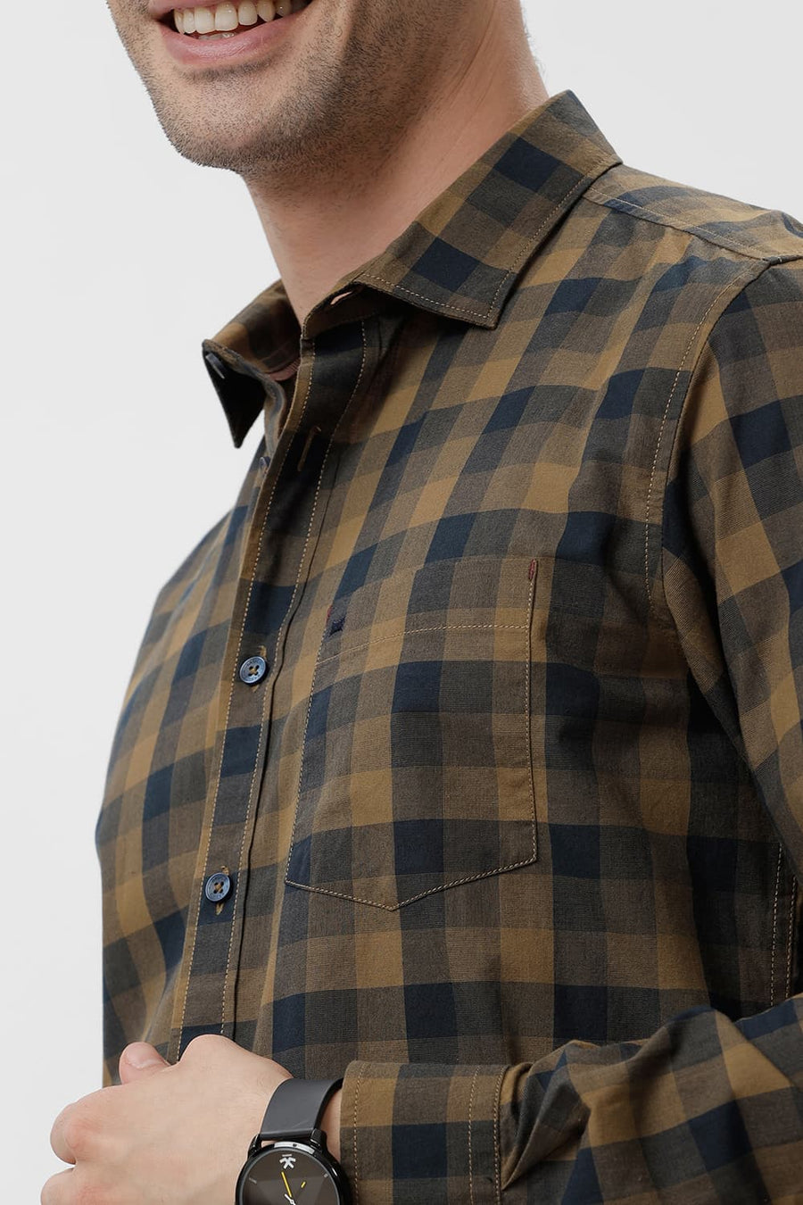 BASICS SLIM FIT BRONZE KHAKI COTTON CHECKS SHIRT
