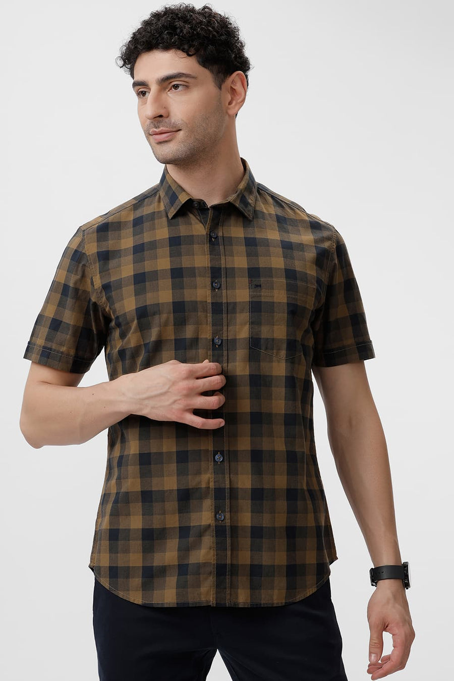 BASICS SLIM FIT BRONZE KHAKI COTTON CHECKS HALFSLEEVES SHIRT