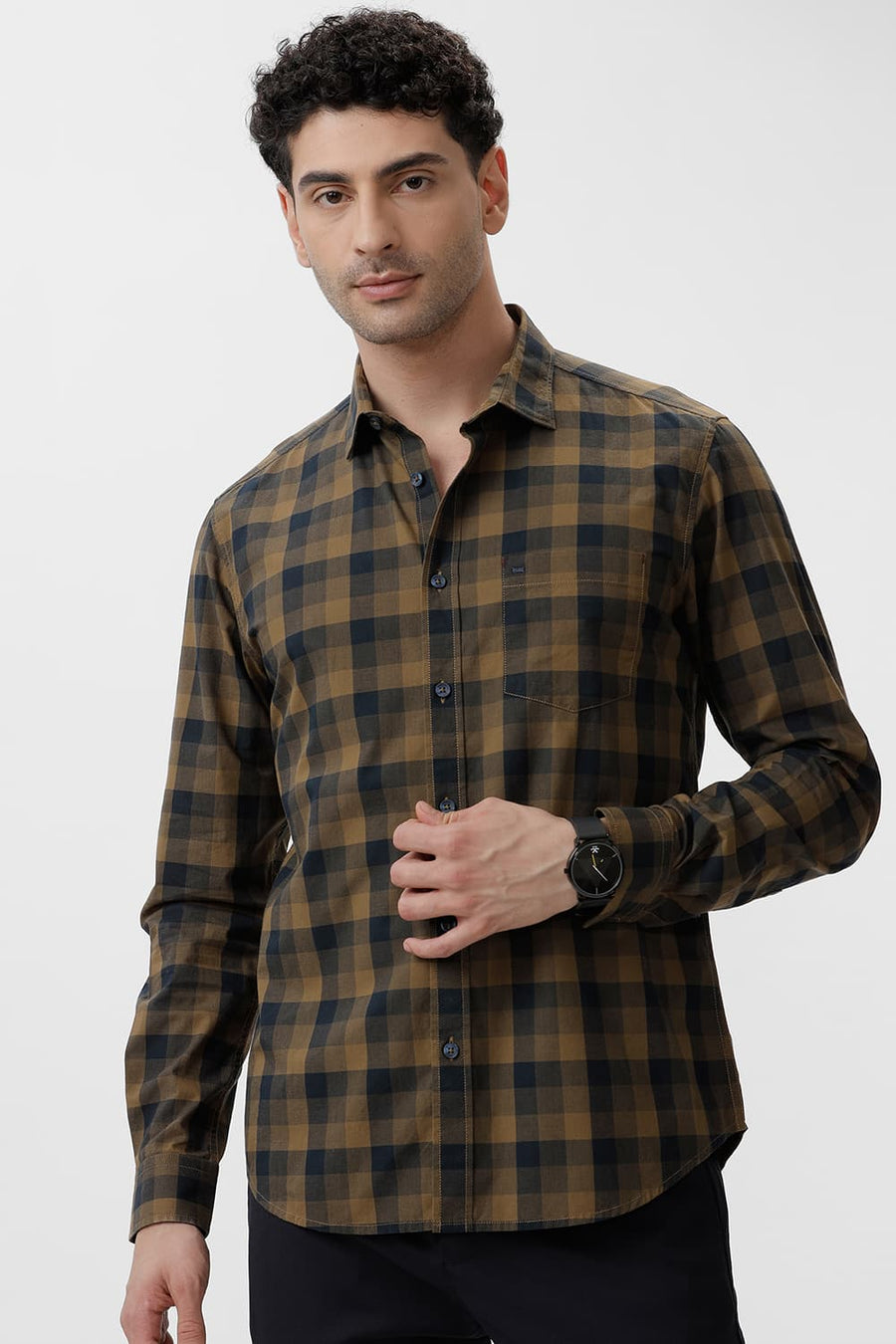 BASICS SLIM FIT BRONZE KHAKI COTTON CHECKS SHIRT