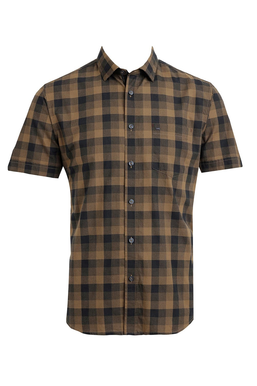 BASICS SLIM FIT BRONZE KHAKI COTTON CHECKS HALFSLEEVES SHIRT