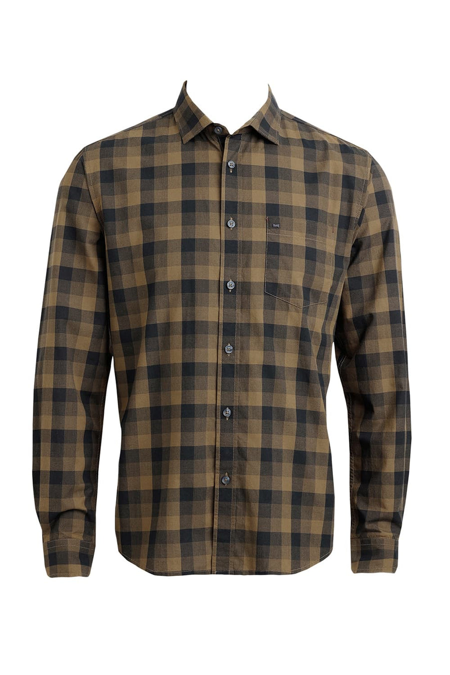 BASICS SLIM FIT BRONZE KHAKI COTTON CHECKS SHIRT