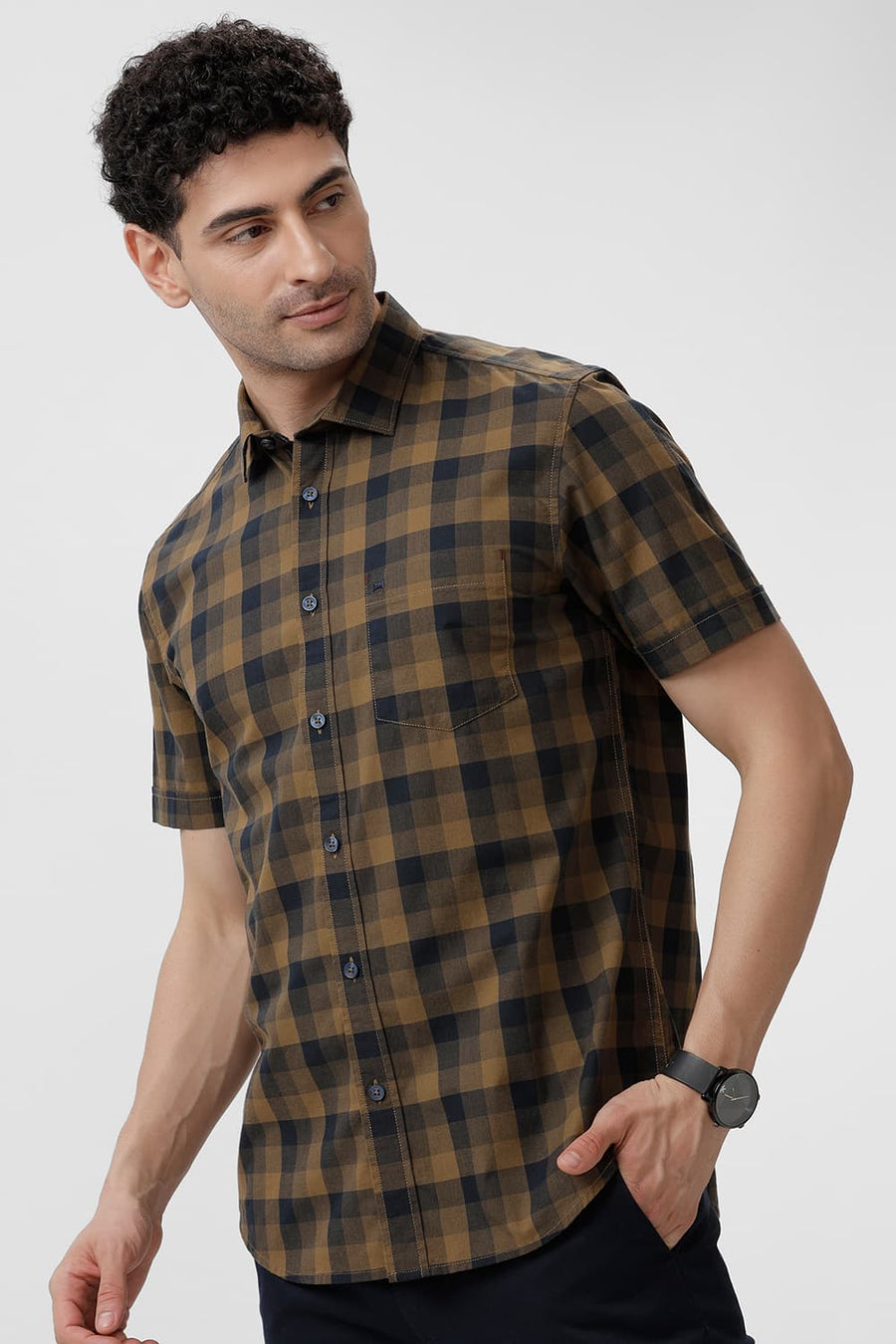 BASICS SLIM FIT BRONZE KHAKI COTTON CHECKS HALFSLEEVES SHIRT