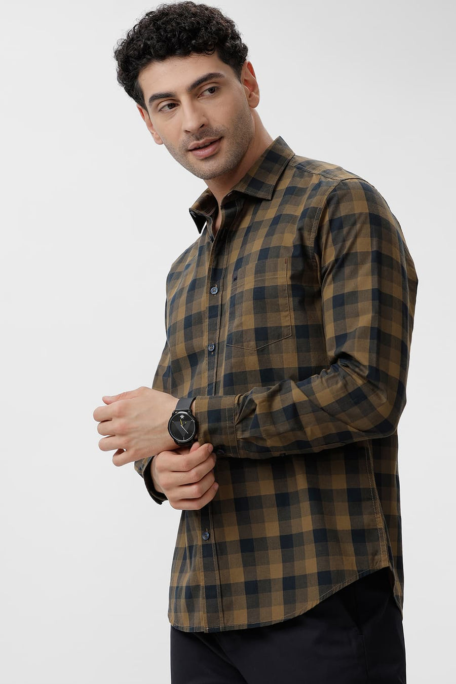 BASICS SLIM FIT BRONZE KHAKI COTTON CHECKS SHIRT