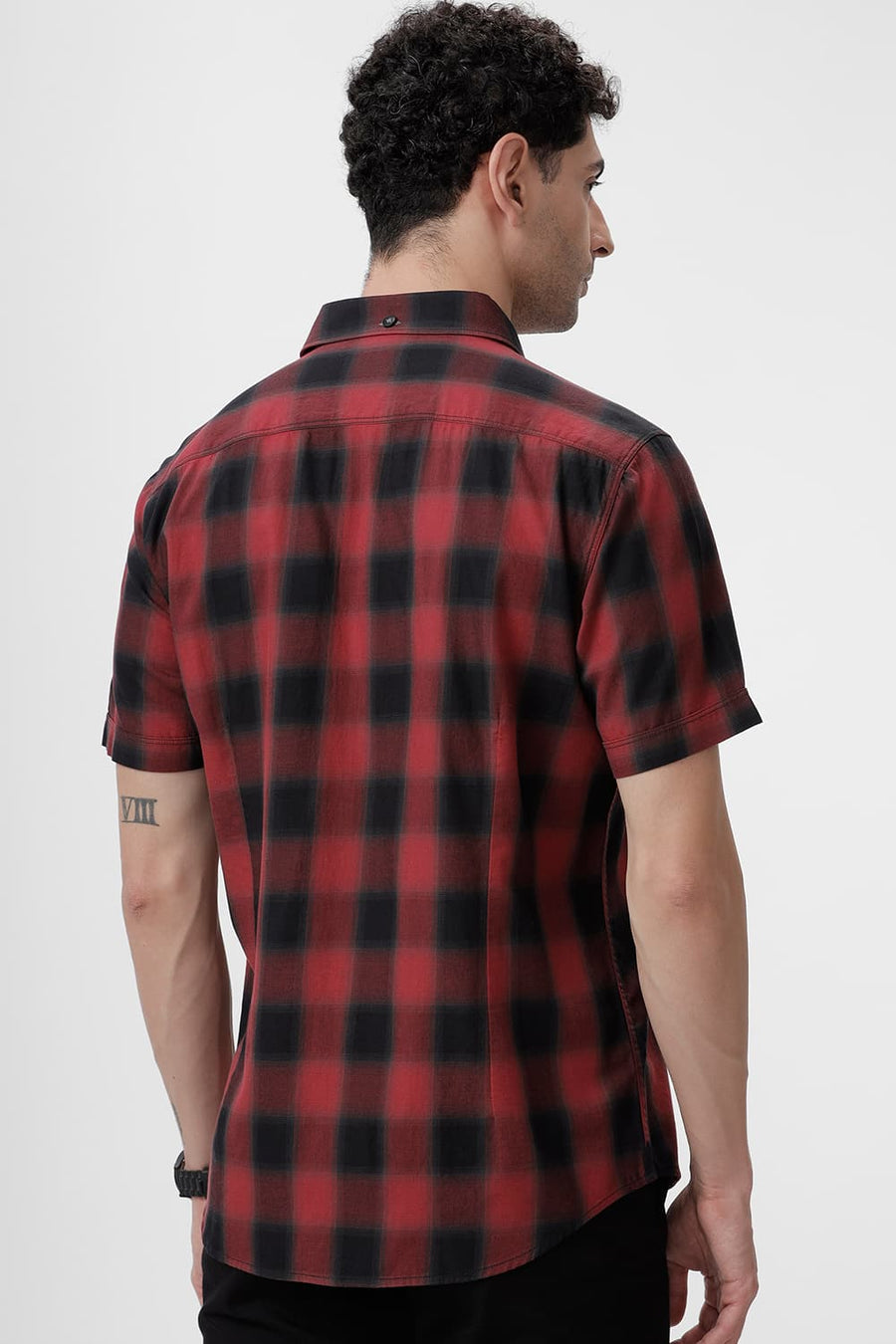 BASICS SLIM FIT CRANBERRY RED COTTON TWILL CHECKS HALFSLEEVES SHIRT
