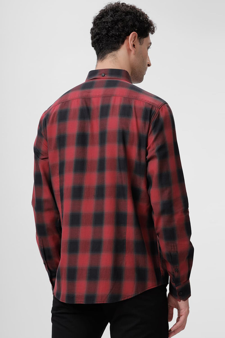 BASICS SLIM FIT CRANBERRY RED COTTON TWILL CHECKS SHIRT