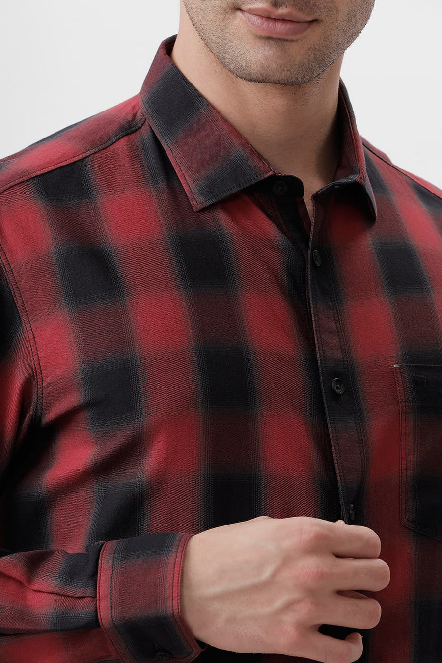 BASICS SLIM FIT CRANBERRY RED COTTON TWILL CHECKS SHIRT