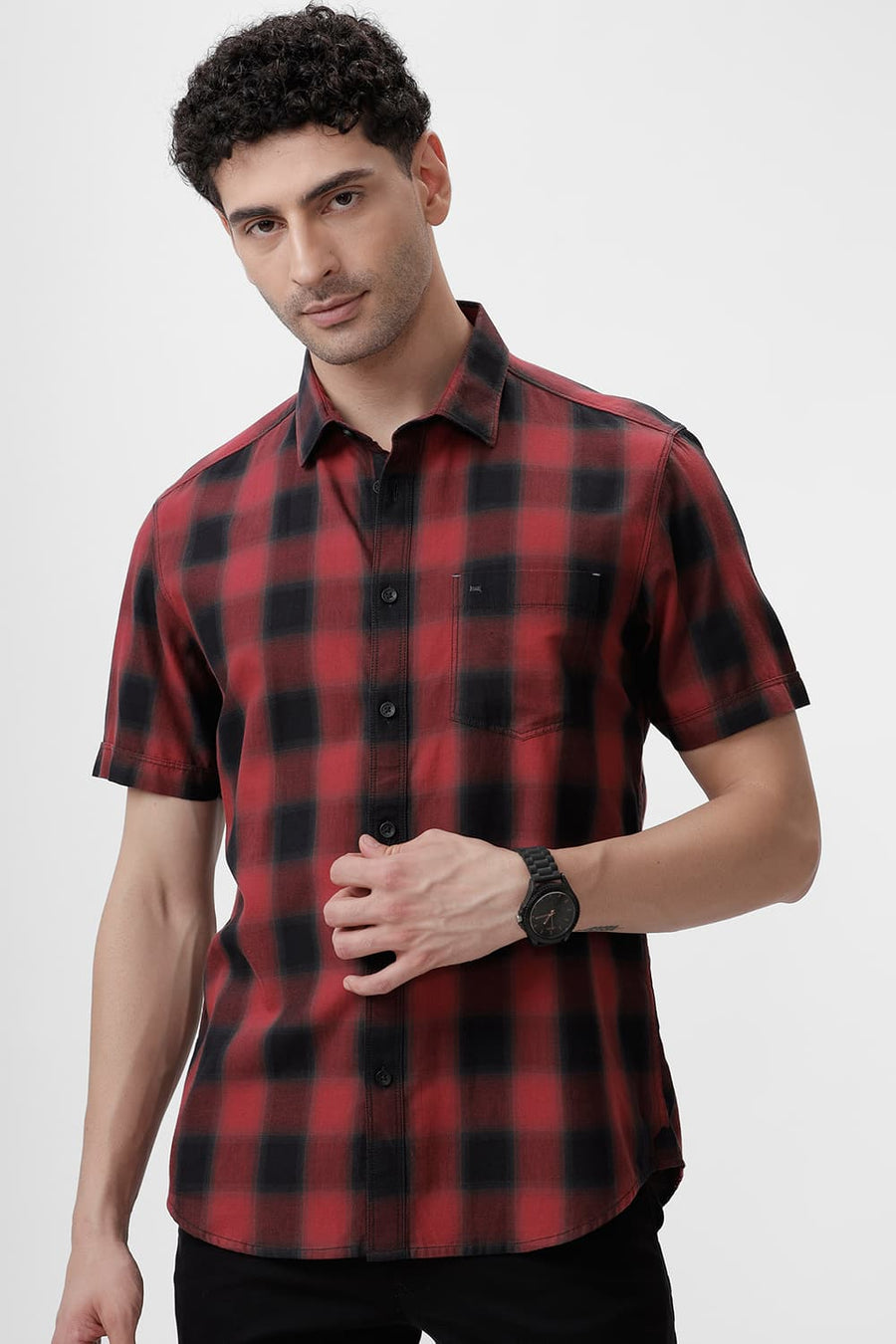 BASICS SLIM FIT CRANBERRY RED COTTON TWILL CHECKS HALFSLEEVES SHIRT