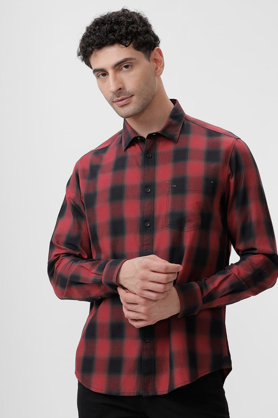 BASICS SLIM FIT CRANBERRY RED COTTON TWILL CHECKS SHIRT