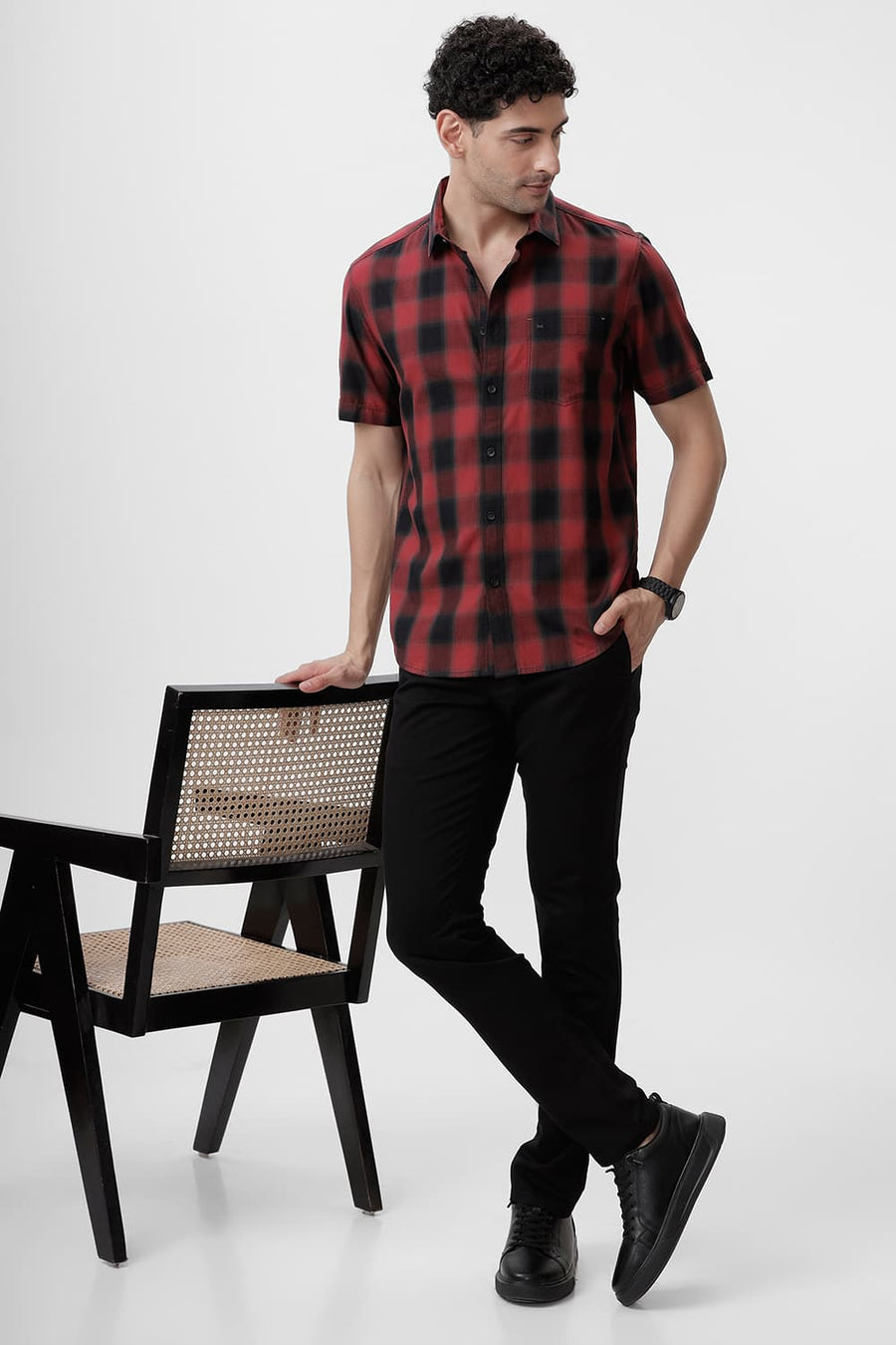 BASICS SLIM FIT CRANBERRY RED COTTON TWILL CHECKS HALFSLEEVES SHIRT