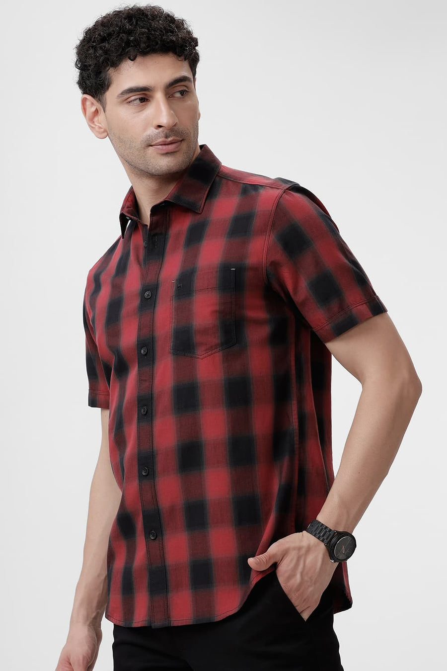 BASICS SLIM FIT CRANBERRY RED COTTON TWILL CHECKS HALFSLEEVES SHIRT