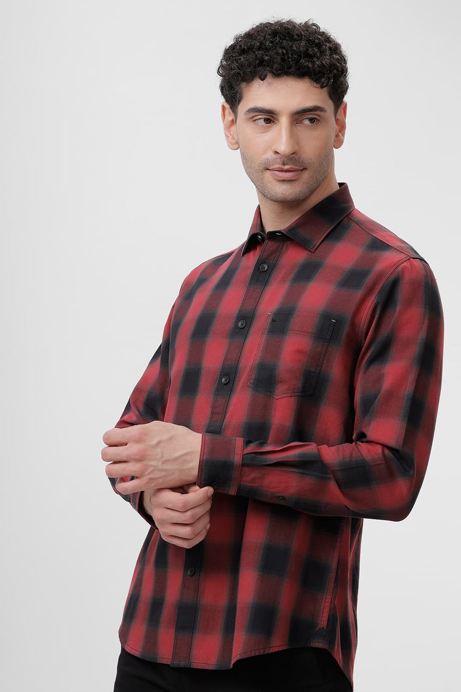 BASICS SLIM FIT CRANBERRY RED COTTON TWILL CHECKS SHIRT
