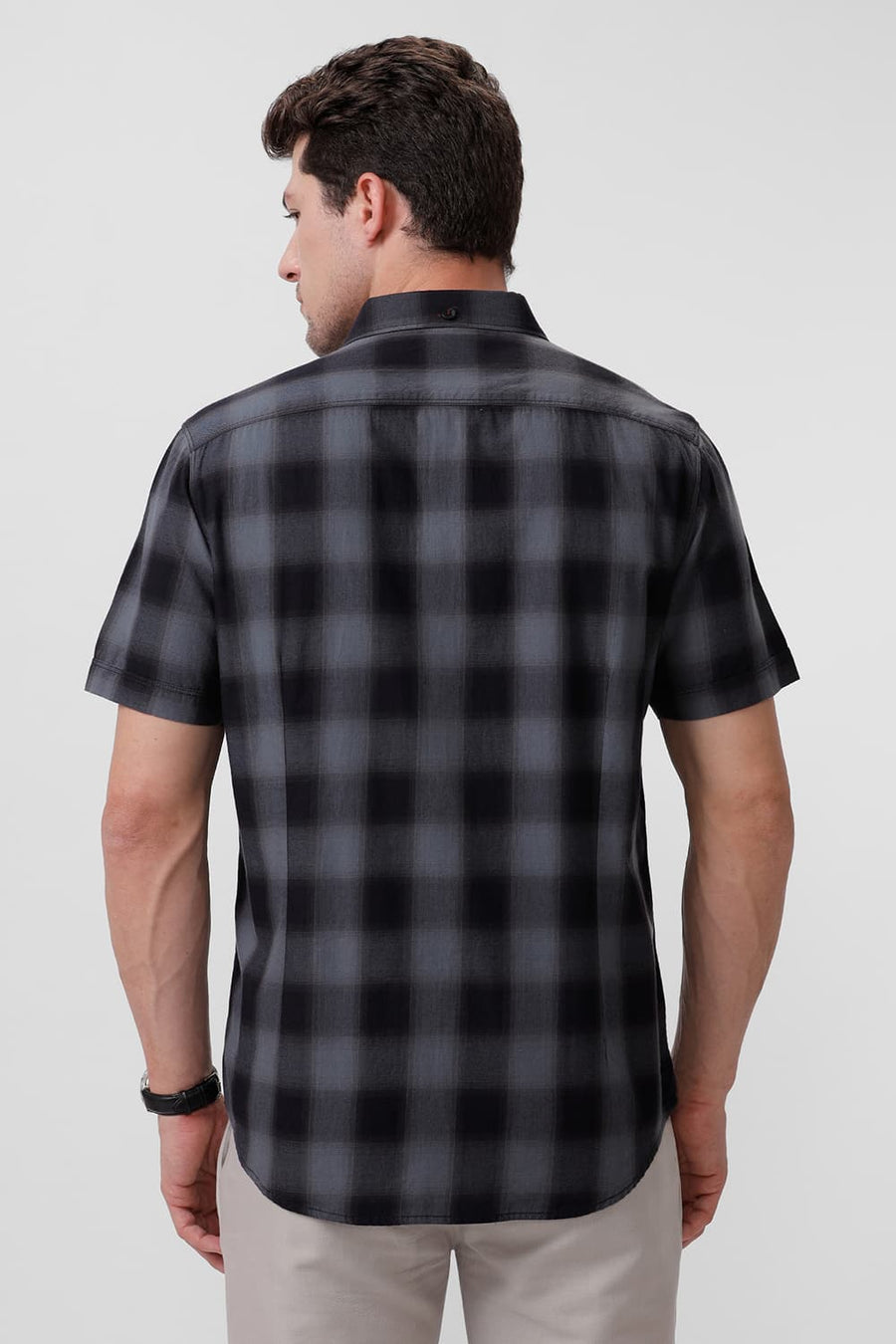 BASICS SLIM FIT CASTLEROCK GREY COTTON TWILL CHECKS HALFSLEEVES SHIRT