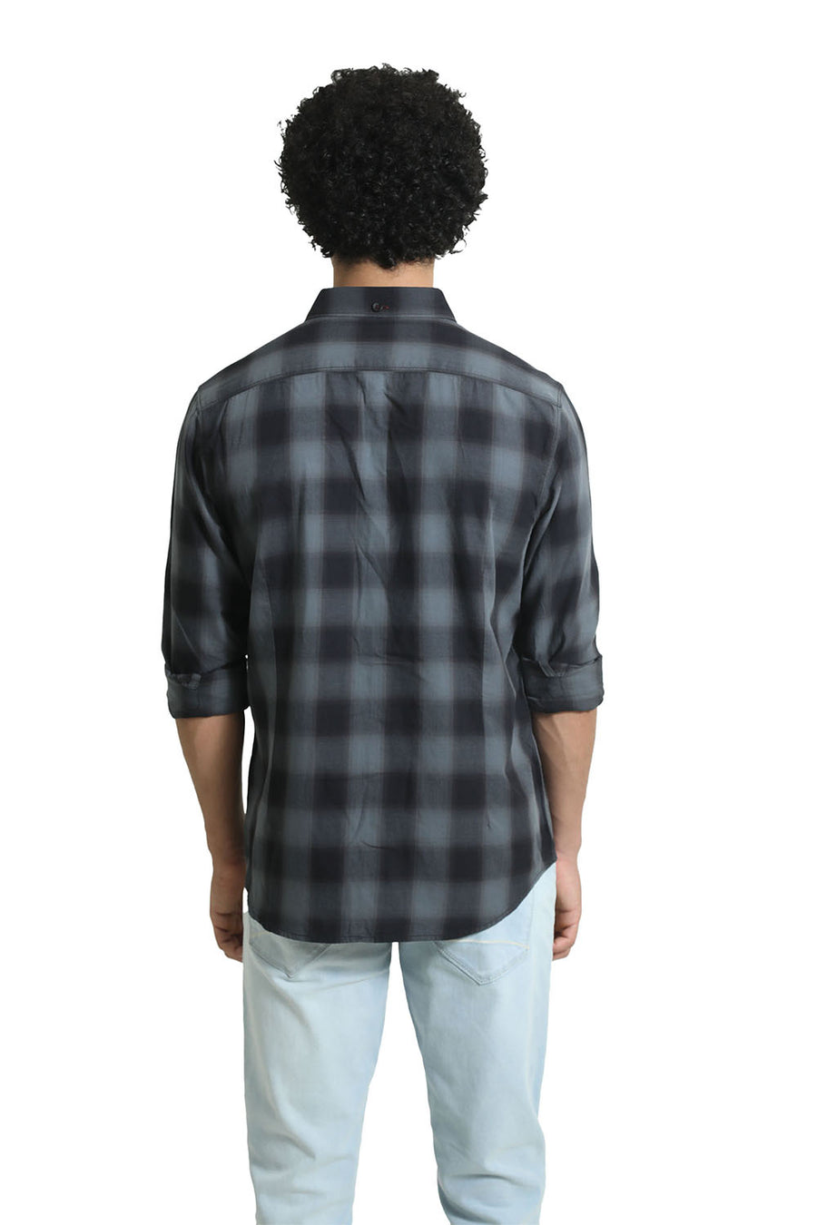 BASICS SLIM FIT CASTLEROCK GREY COTTON TWILL CHECKS SHIRT