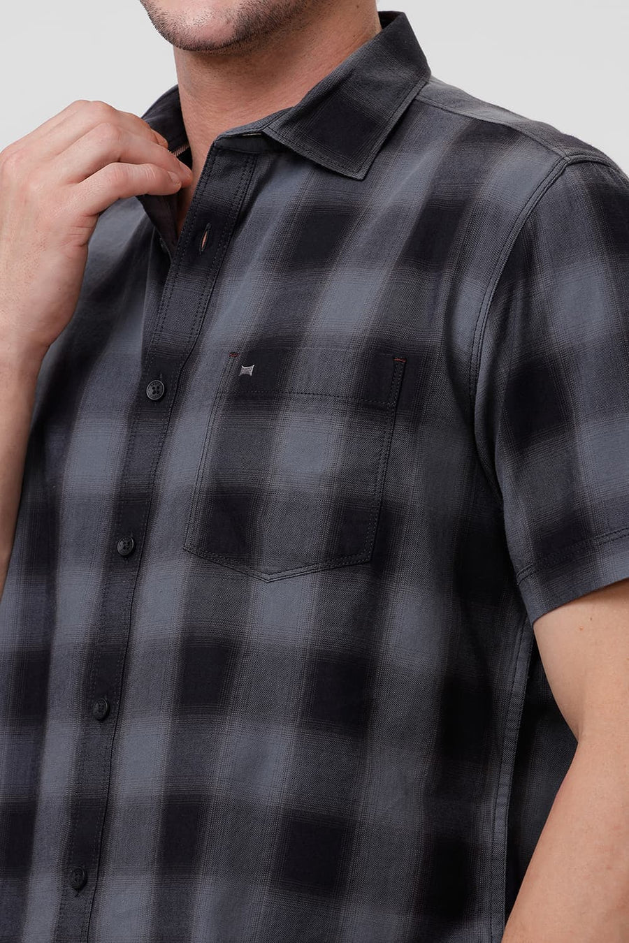 BASICS SLIM FIT CASTLEROCK GREY COTTON TWILL CHECKS HALFSLEEVES SHIRT