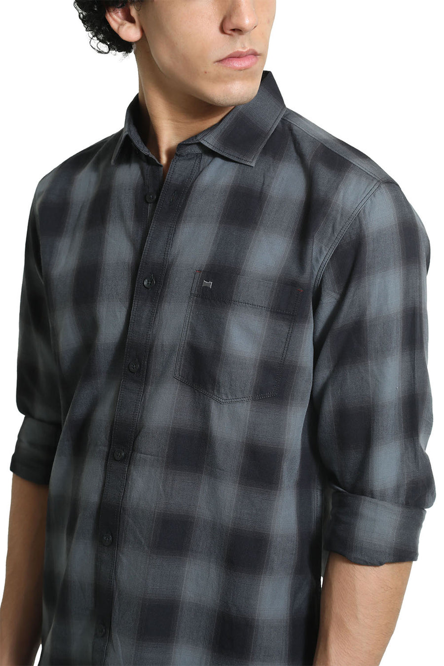 BASICS SLIM FIT CASTLEROCK GREY COTTON TWILL CHECKS SHIRT