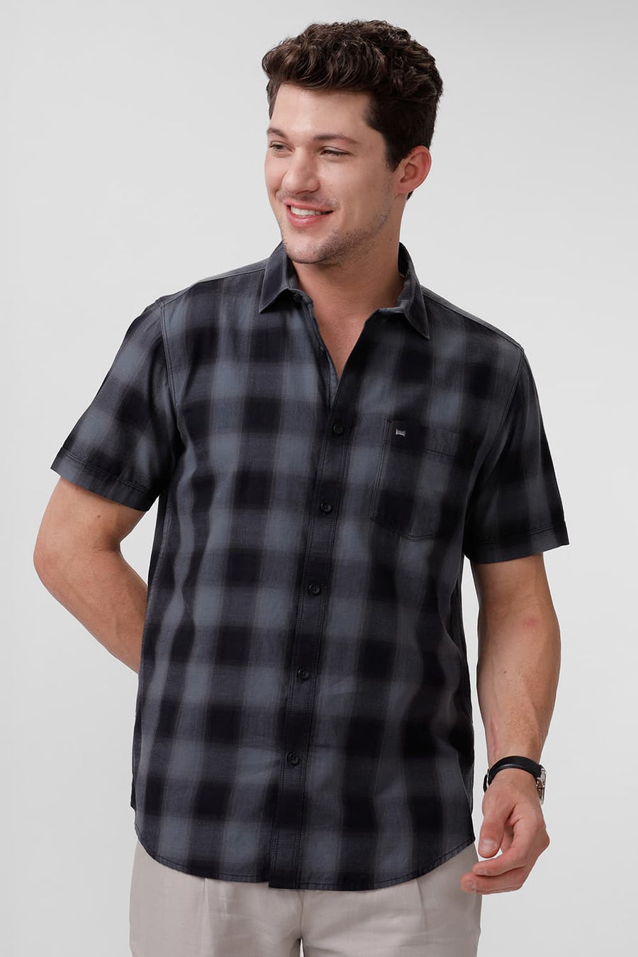 BASICS SLIM FIT CASTLEROCK GREY COTTON TWILL CHECKS HALFSLEEVES SHIRT