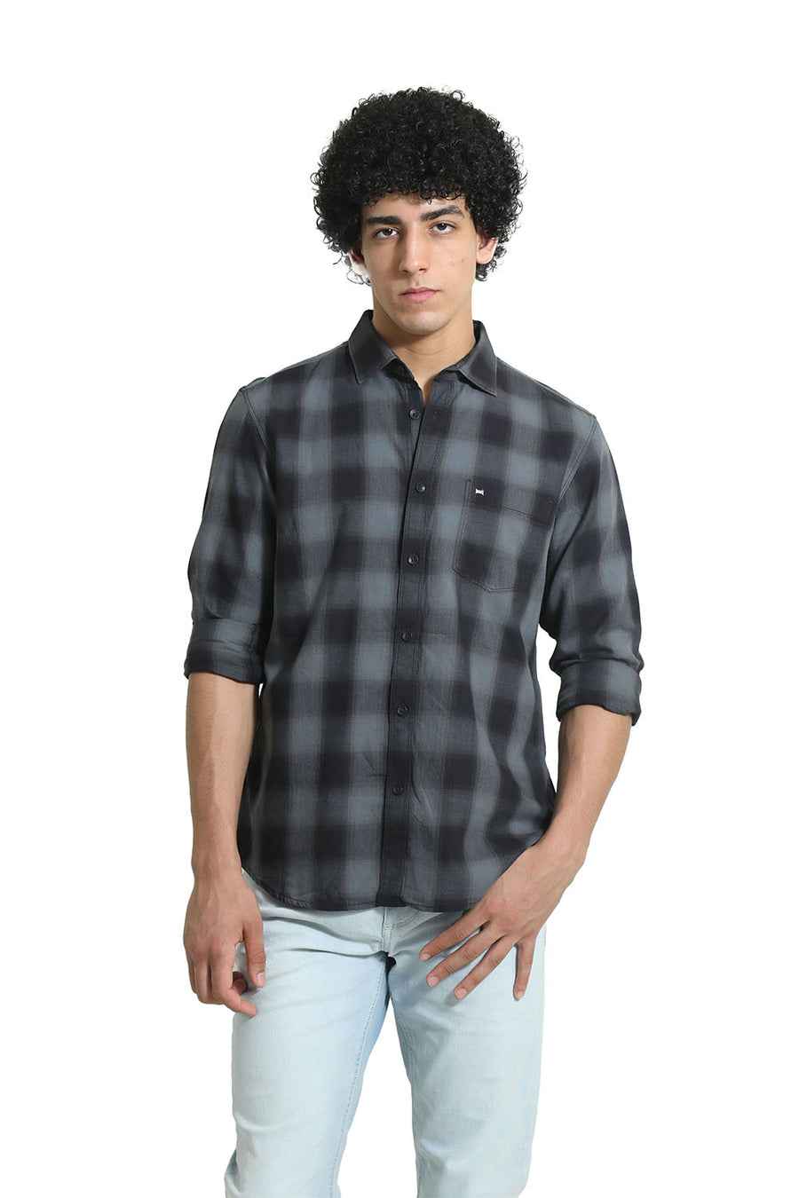 BASICS SLIM FIT CASTLEROCK GREY COTTON TWILL CHECKS SHIRT