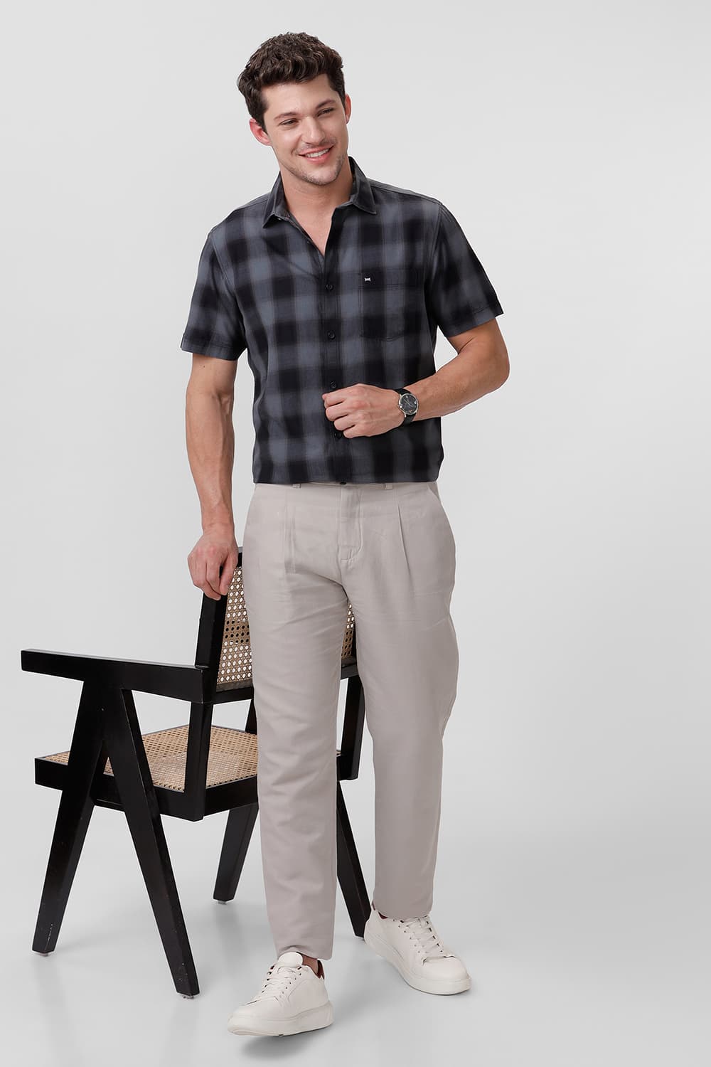 SLIM FIT COTTON TWILL CHECKS HALFSLEEVES SHIRT