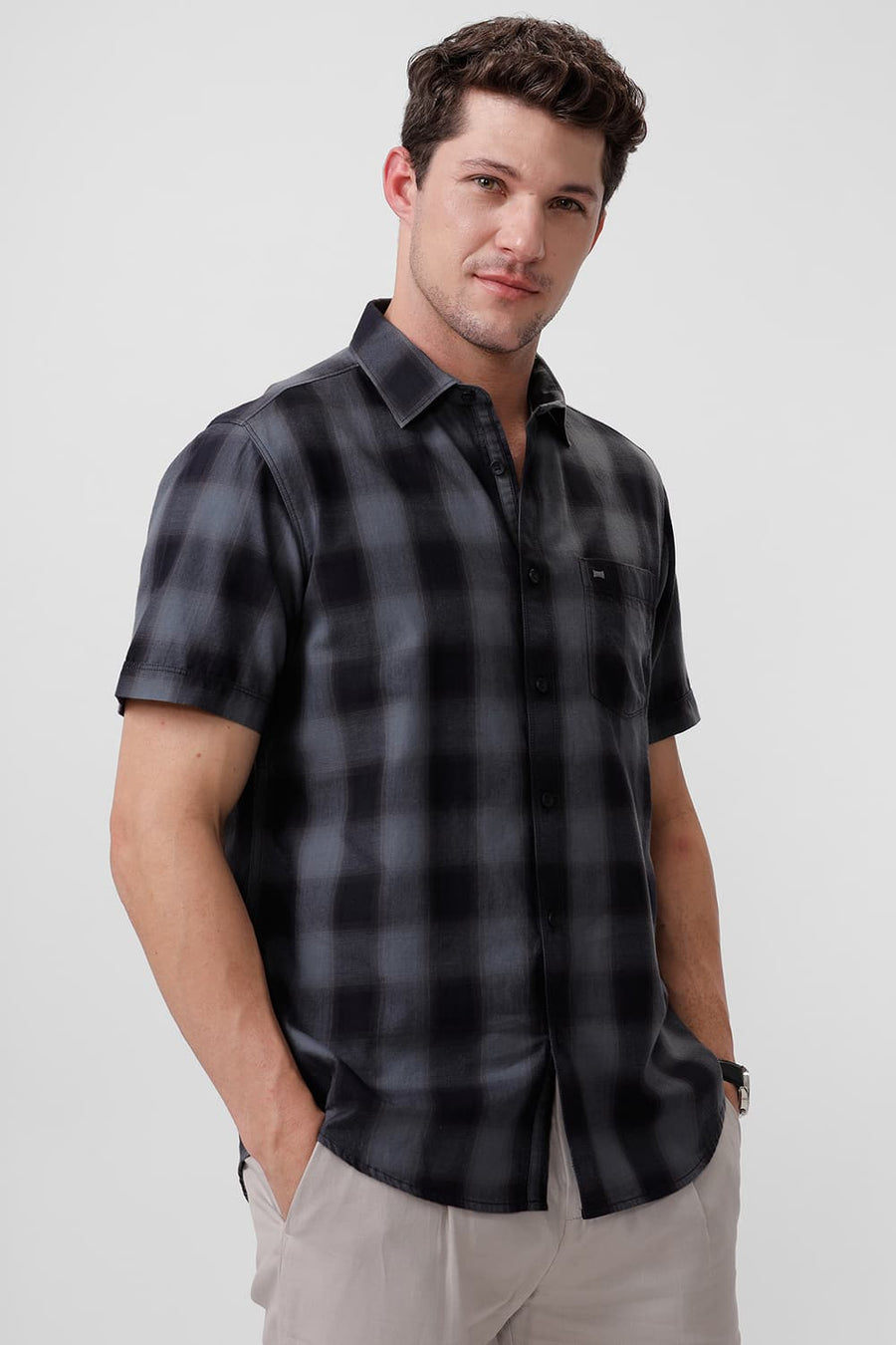 BASICS SLIM FIT CASTLEROCK GREY COTTON TWILL CHECKS HALFSLEEVES SHIRT