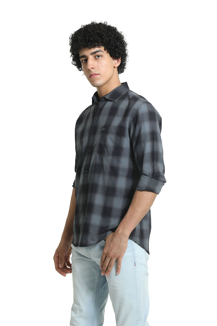 BASICS SLIM FIT CASTLEROCK GREY COTTON TWILL CHECKS SHIRT