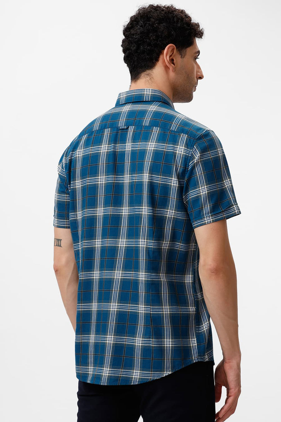 BASICS SLIM FIT TURQUOISE CORSAIR COTTON TWILL CHECKS HALFSLEEVES SHIRT