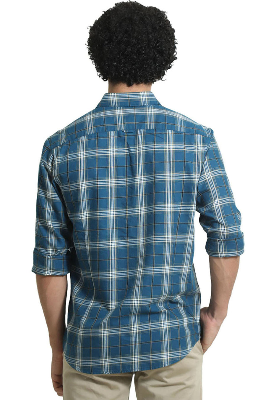 BASICS SLIM FIT TURQUOISE CORSAIR COTTON TWILL CHECKS SHIRT