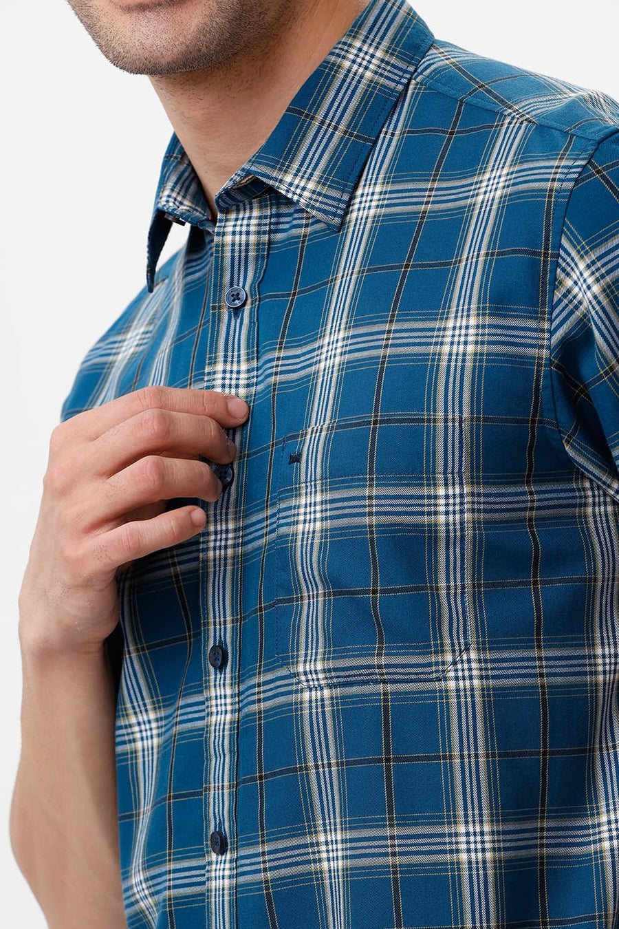 BASICS SLIM FIT TURQUOISE CORSAIR COTTON TWILL CHECKS HALFSLEEVES SHIRT