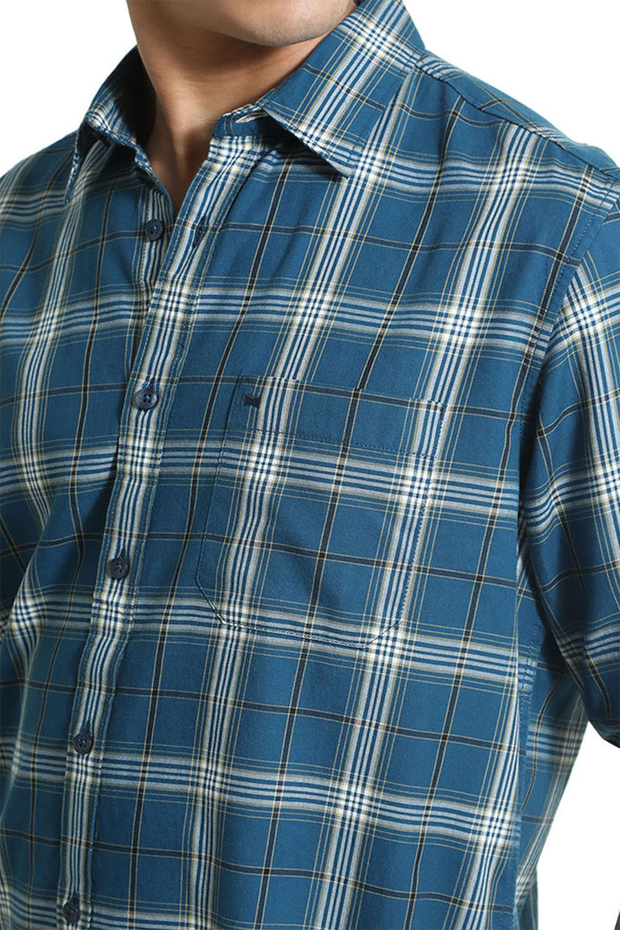 BASICS SLIM FIT TURQUOISE CORSAIR COTTON TWILL CHECKS SHIRT