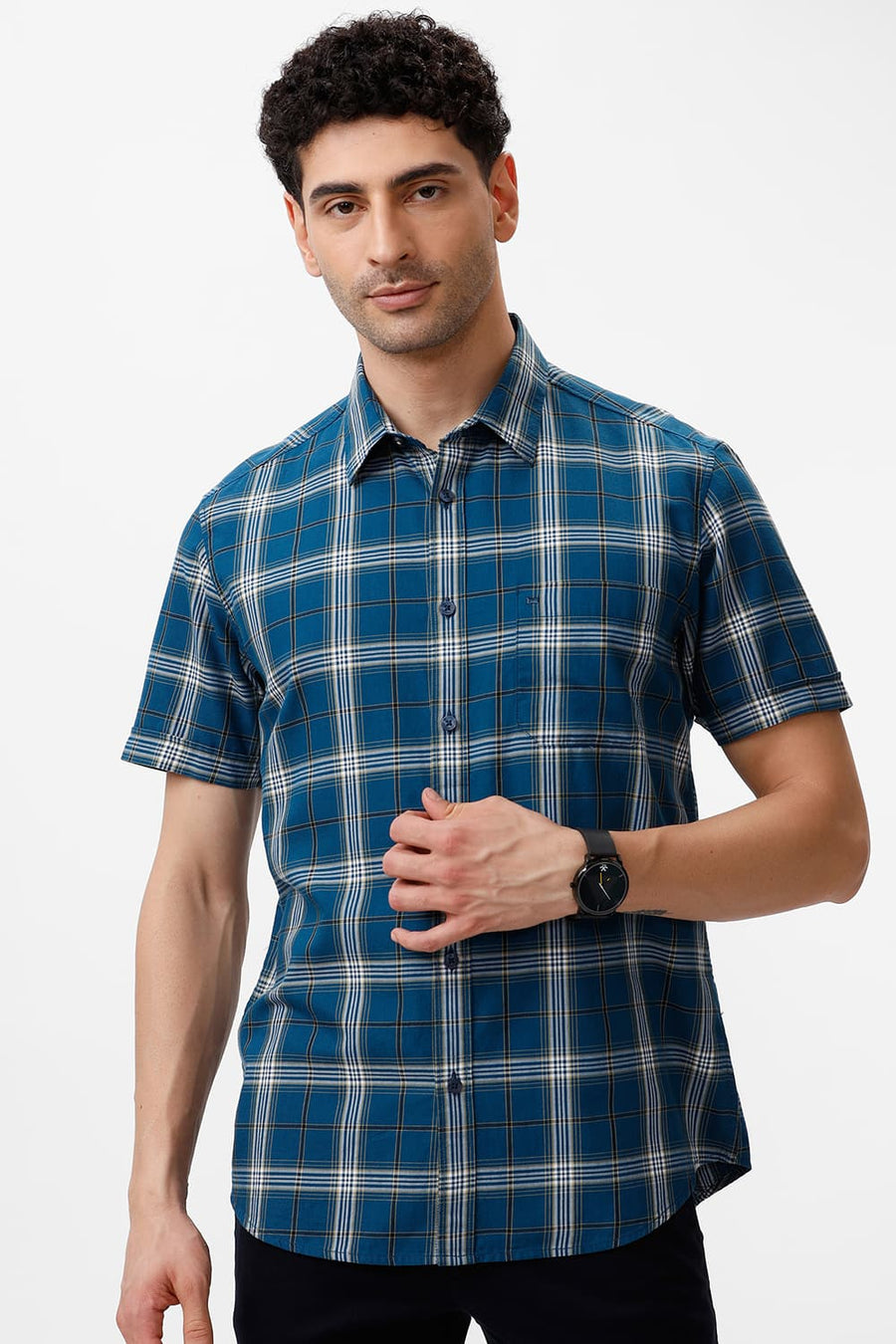 BASICS SLIM FIT TURQUOISE CORSAIR COTTON TWILL CHECKS HALFSLEEVES SHIRT