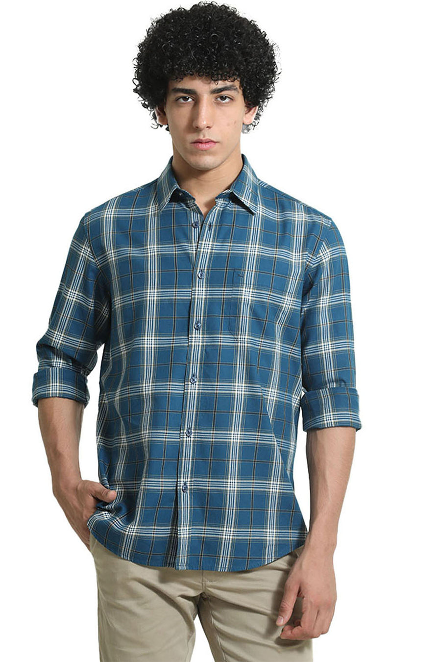 BASICS SLIM FIT TURQUOISE CORSAIR COTTON TWILL CHECKS SHIRT