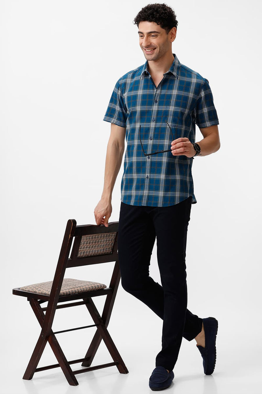 BASICS SLIM FIT TURQUOISE CORSAIR COTTON TWILL CHECKS HALFSLEEVES SHIRT