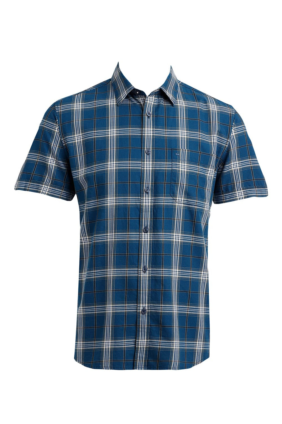 BASICS SLIM FIT TURQUOISE CORSAIR COTTON TWILL CHECKS HALFSLEEVES SHIRT