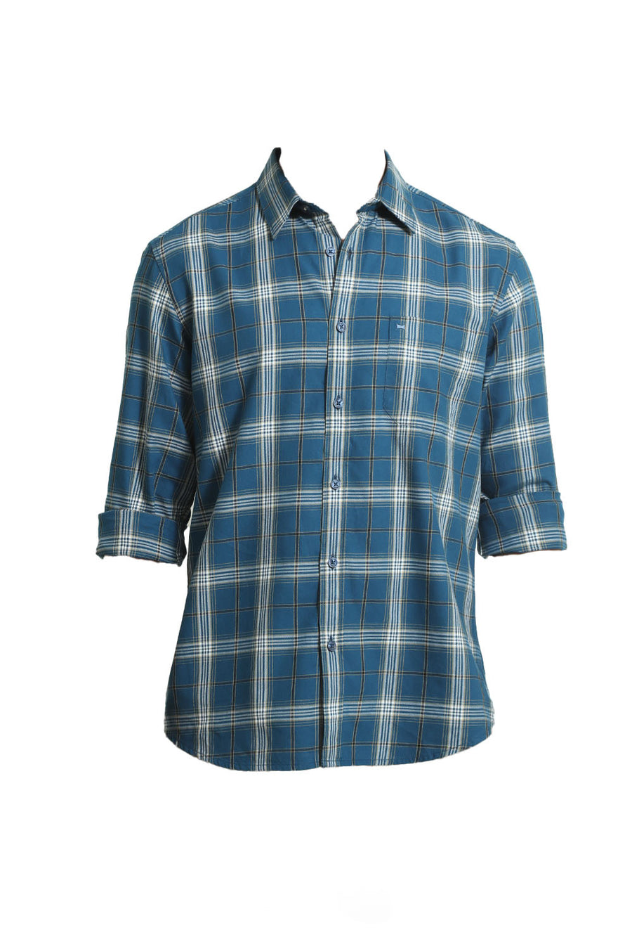 BASICS SLIM FIT TURQUOISE CORSAIR COTTON TWILL CHECKS SHIRT