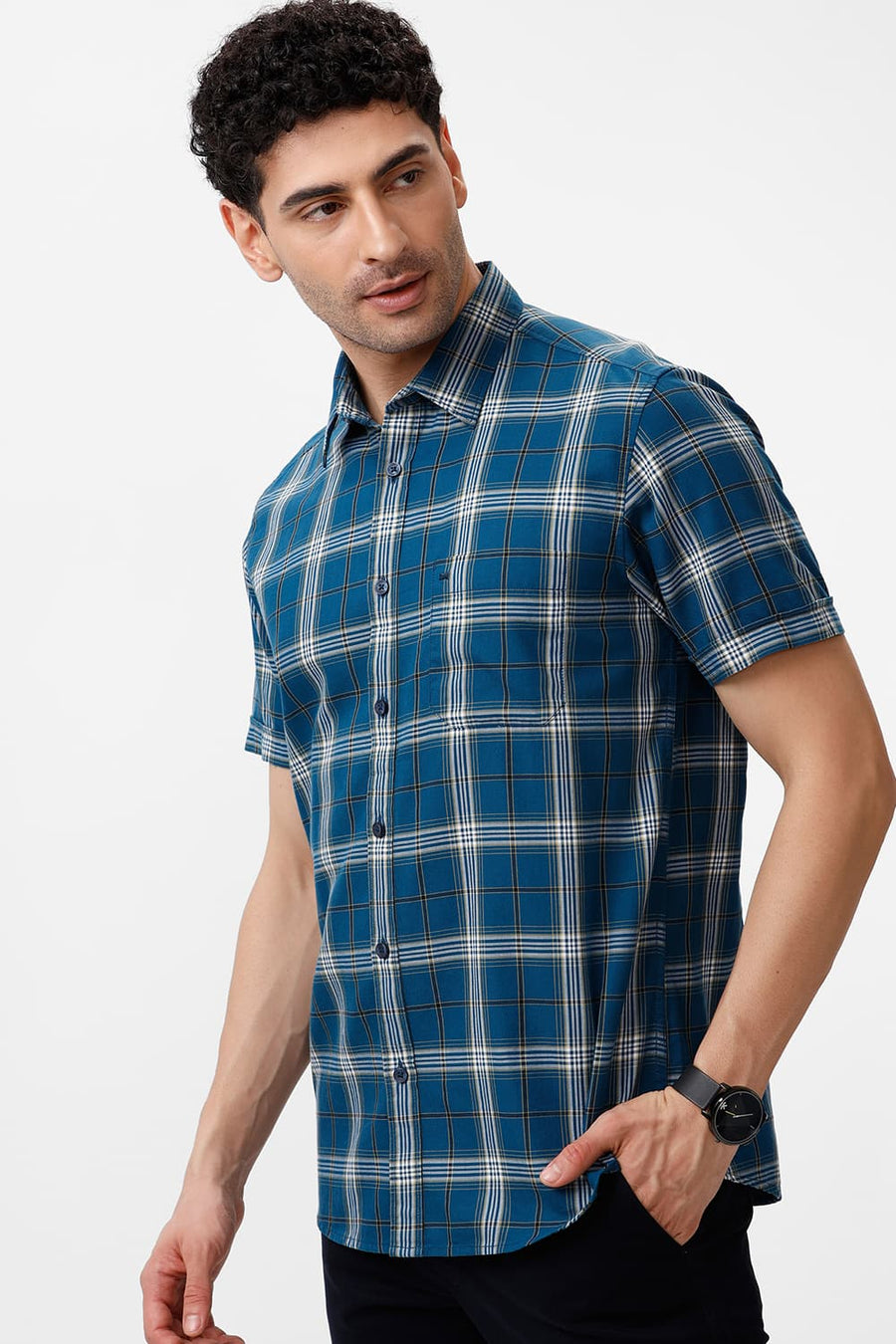 BASICS SLIM FIT TURQUOISE CORSAIR COTTON TWILL CHECKS HALFSLEEVES SHIRT