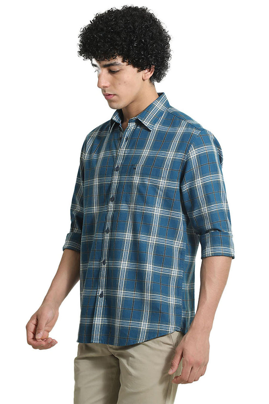 BASICS SLIM FIT TURQUOISE CORSAIR COTTON TWILL CHECKS SHIRT