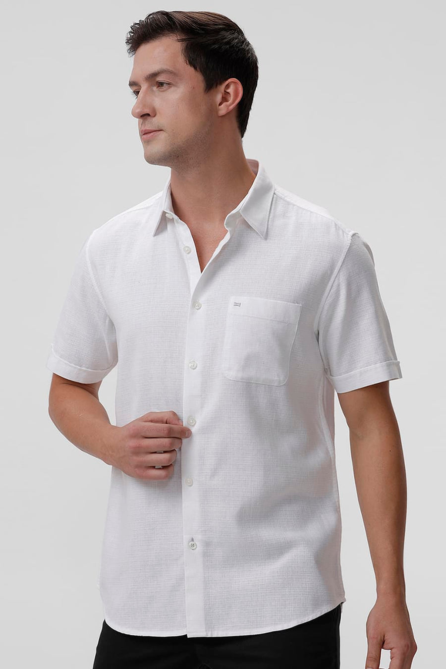 BASICS SLIM FIT WHITE ALYSSUM COTTON HOPSACK DOBBY HALFSLEEVES SHIRT