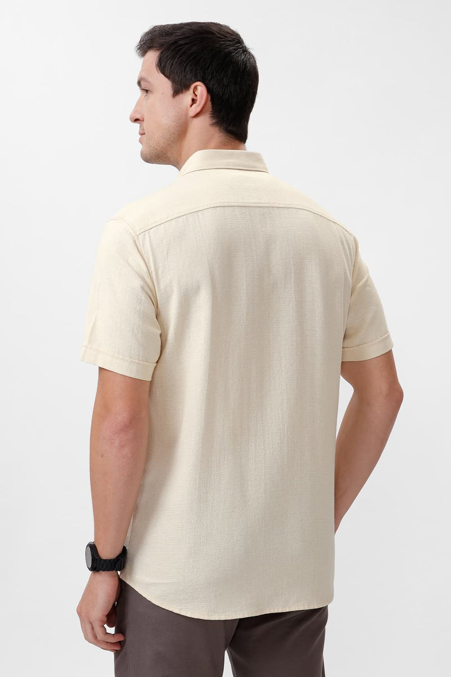 BASICS SLIM FIT ANGORA BEIGE COTTON HOPSACK DOBBY HALFSLEEVES SHIRT