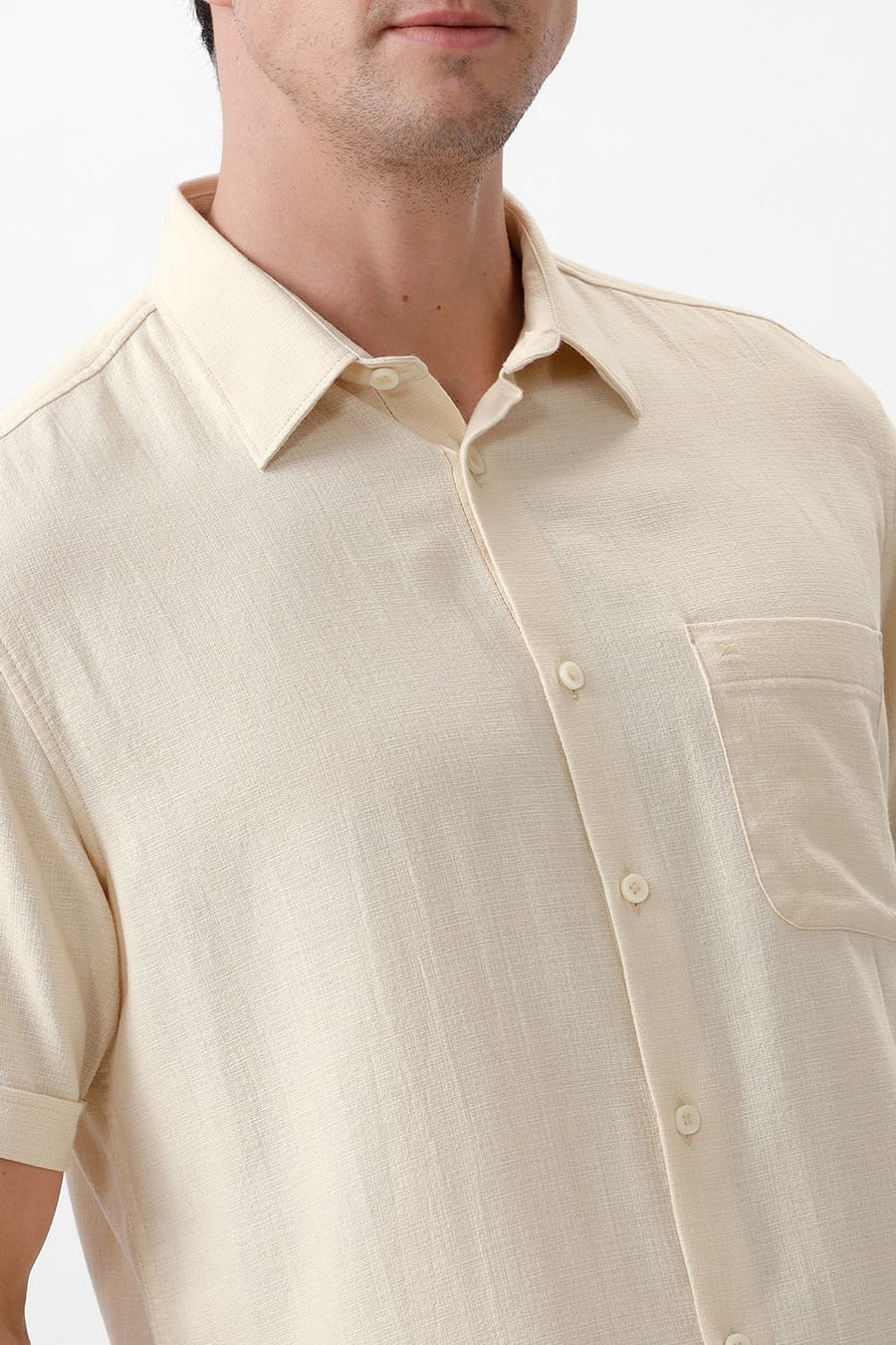 BASICS SLIM FIT ANGORA BEIGE COTTON HOPSACK DOBBY HALFSLEEVES SHIRT