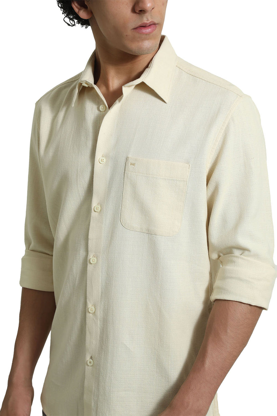 BASICS SLIM FIT ANGORA BEIGE COTTON HOPSACK DOBBY SHIRT