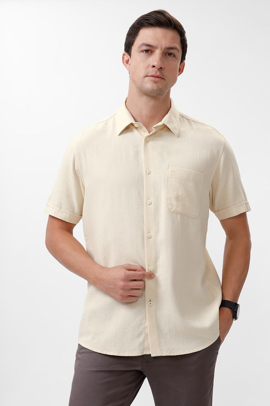 BASICS SLIM FIT ANGORA BEIGE COTTON HOPSACK DOBBY HALFSLEEVES SHIRT