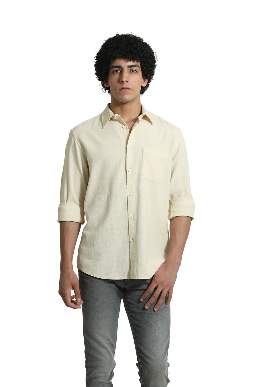 BASICS SLIM FIT ANGORA BEIGE COTTON HOPSACK DOBBY SHIRT