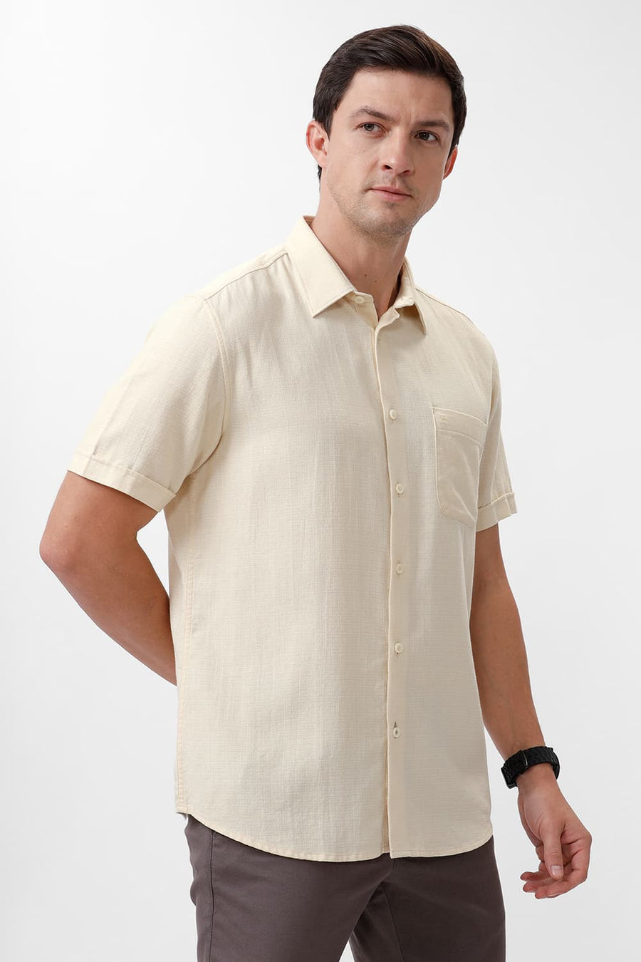 BASICS SLIM FIT ANGORA BEIGE COTTON HOPSACK DOBBY HALFSLEEVES SHIRT